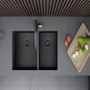 30 undermount sink ចានទ្វេដង លិចផ្ទះបាយដែកអ៊ីណុកខ្មៅ លិចធ្វើដោយដៃ លក់ដុំ