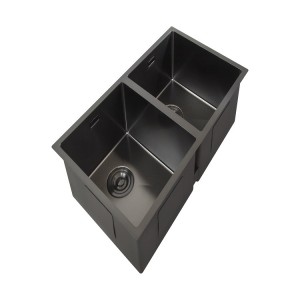 Unterbau-Küchenspüle mit zwei Becken. Handgemachte Küchenspülen aus schwarzem Edelstahl, Dexing-Spüle im Großhandel