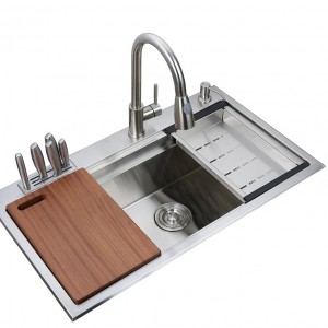 Top mounted sink kitchen handmade sink stainless steel single bowl nga adunay gripo nga lungag ug step dexing ODM OEM sink