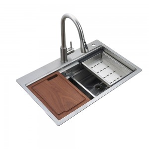 Sink kaping pindho kanthi langkah lan bolongan kran banyu sink stainless steel sink buatan tangan
