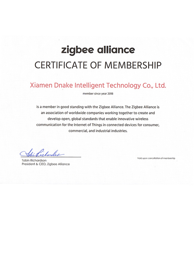 Certificato di adesione all'Alleanza Zigbee