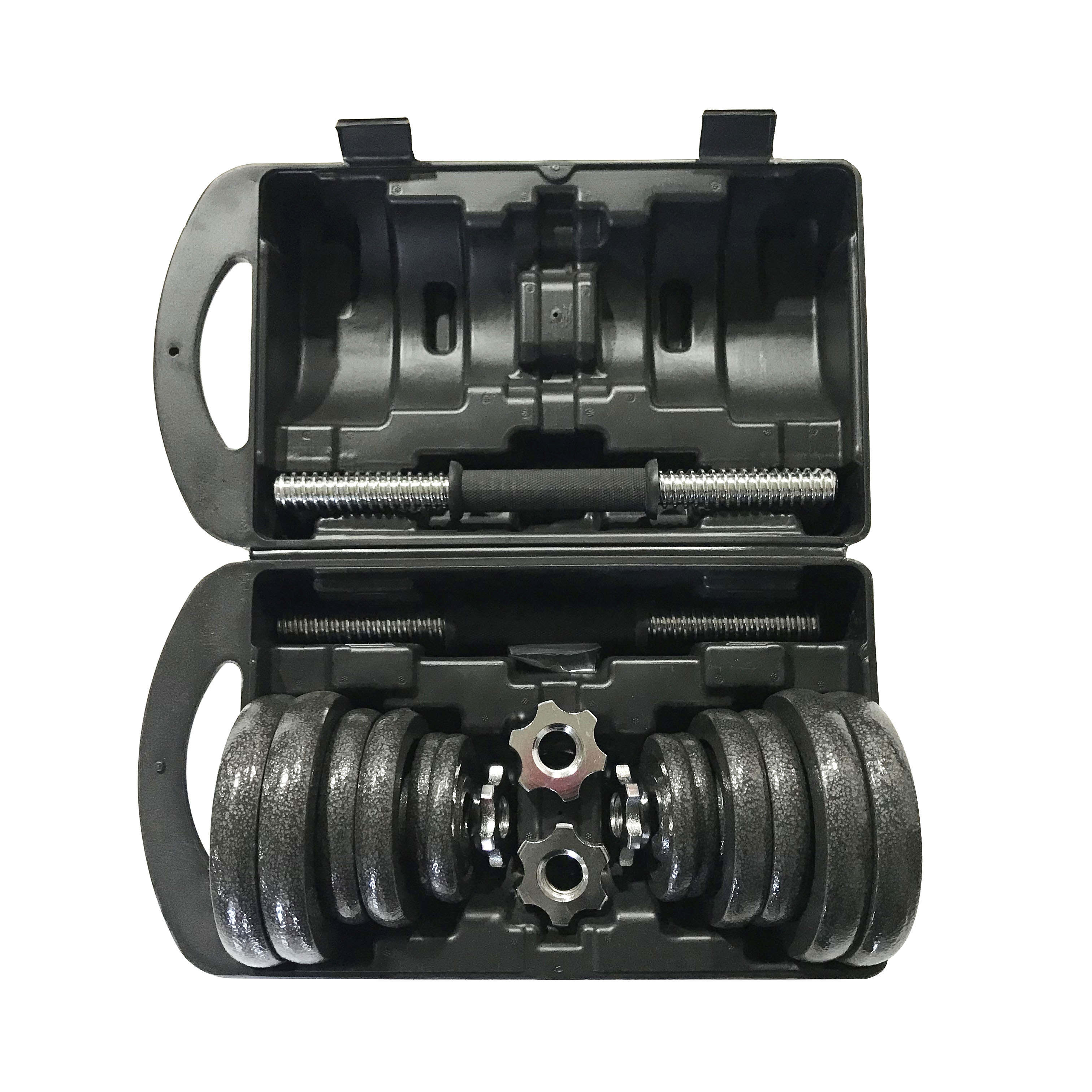 Hot sale gym weightlifting cast iron adjustable dumbbell 40kg black painted dumbbell set with plastic box