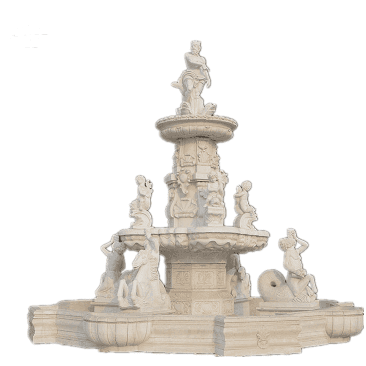 Fontanna dobrej jakości – Większa fontanna zewnętrzna z białego kamienia i marmuru z posągami – Atisan Works