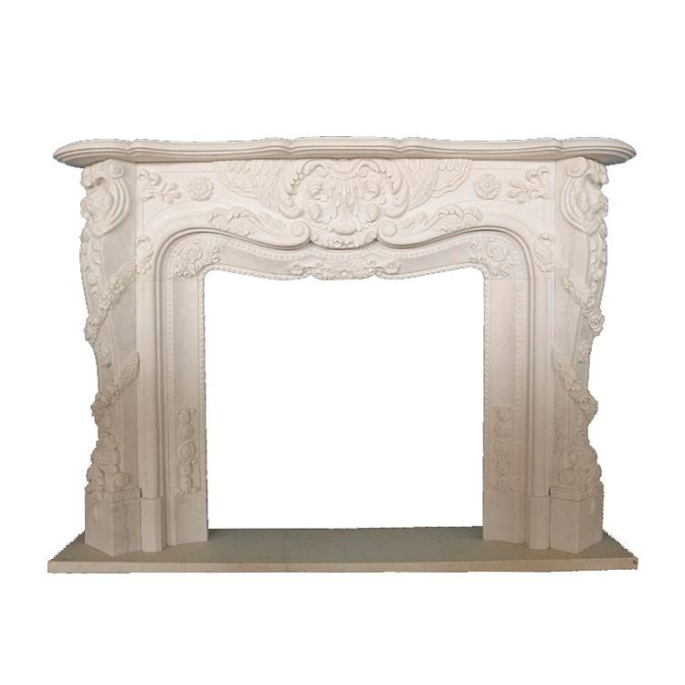 Hochwertiger Kamin – freistehender dekorativer Kaminsims aus weißem Gussstein für den Innenbereich mit antikem Marmor – Atisan Works