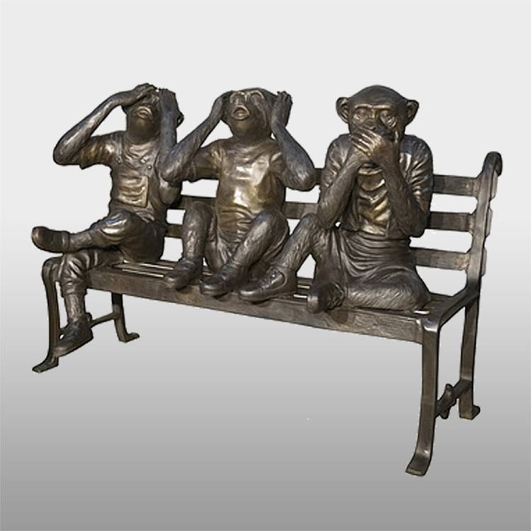 Rimelig pris for bronse cowboyskulptur - engros Tre bronseaper ler statue på benken - Atisan Works