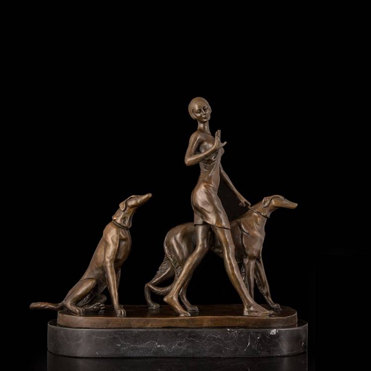 Augstas veiktspējas slavenas bronzas sieviešu statujas — dabiska izmēra cilvēka bronzas skulptūra ar dāmu un suni — Atisan Works