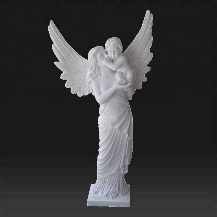 statua di alta qualità in pietra bianca che sussurra in marmo da giardino con madre e angelo bambino
