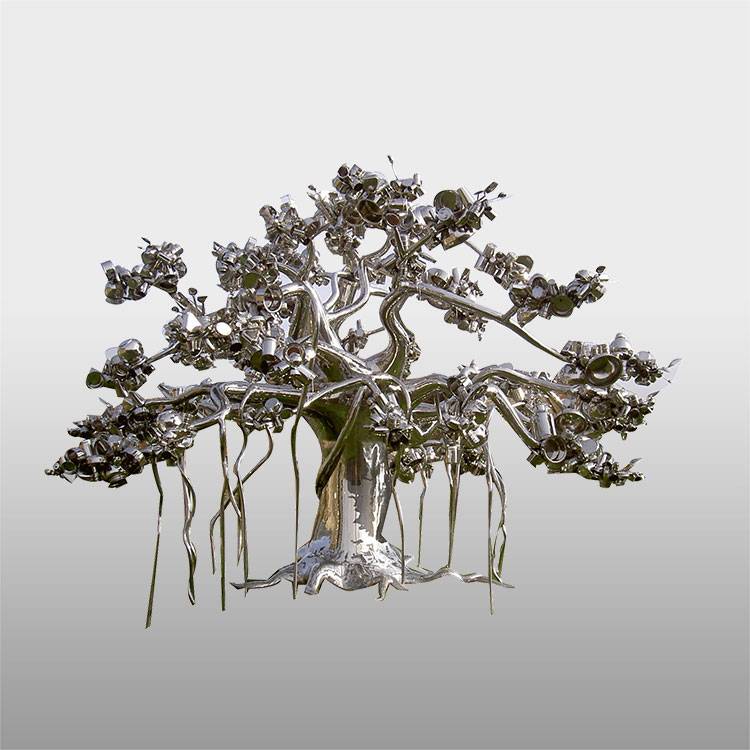 هنرهای فلزی صیقلی آینه محصول جدید مجسمه درختی از جنس استنلس استیل برای دکوراسیون باغ هتل