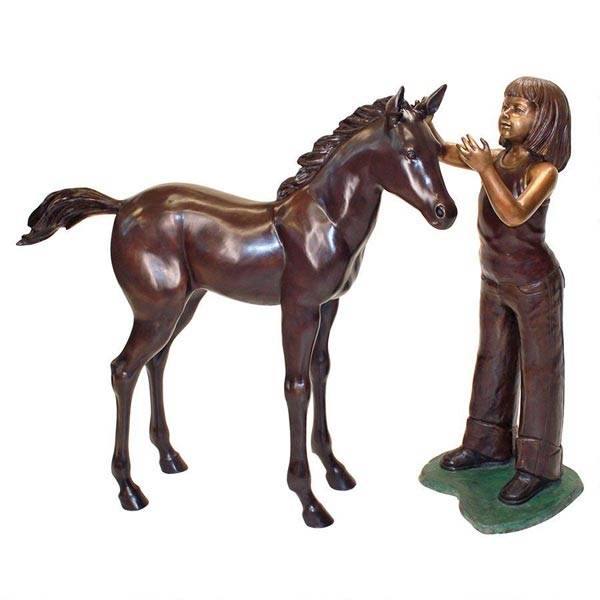 Decor pentru parc și grădină în aer liber, fată antică din bronz în mărime naturală modernă cu statuie de cal