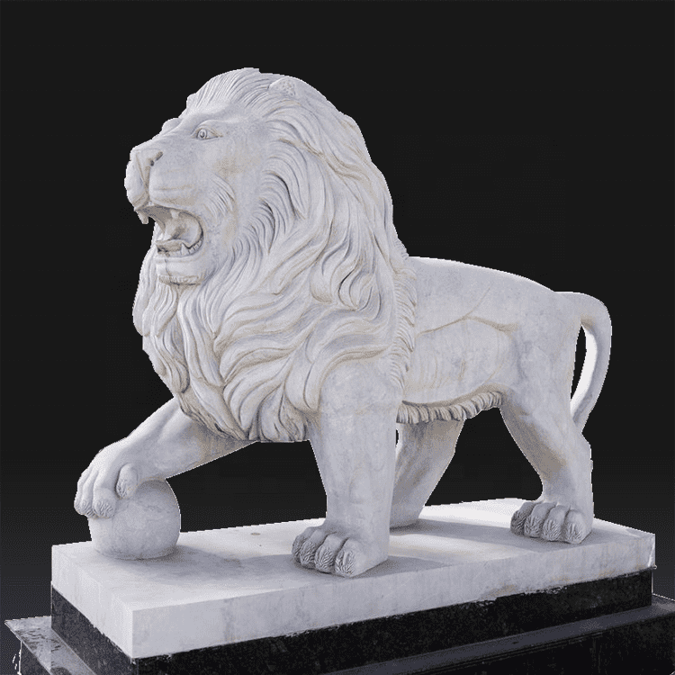 आउटडोर हाथ से नक्काशीदार उद्यान सजावट पशु सफेद आदमकद संगमरमर शेर की मूर्ति