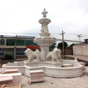 Piatră naturală sculptată manual Patru statuie de leu în mărime naturală și coloană Statuie cariatidă Fântână de curte