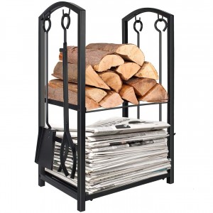 Firewood Rack with 4 Tools – Iron Fire Log Holder Storage Set Includes Brush, Shovel, Poker, and Tongs, 17 x 29 x 12 inches, for Indoor/Outdoor
