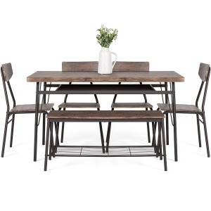 6-Piece 55in Modern Home Dining Set w/Storage Racks, Rectangular Table, Bench, 4 Chairs – Brown