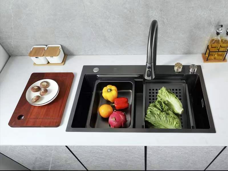 Convenient Multi-functional Handmade Black Waterfall Outlet Kitchen Sink