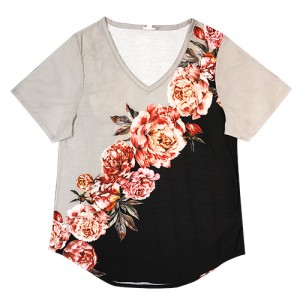 Modne, codzienne T-shirty z dekoltem w kształcie litery V i dużym kwiatowym nadrukiem z przodu i z tyłu