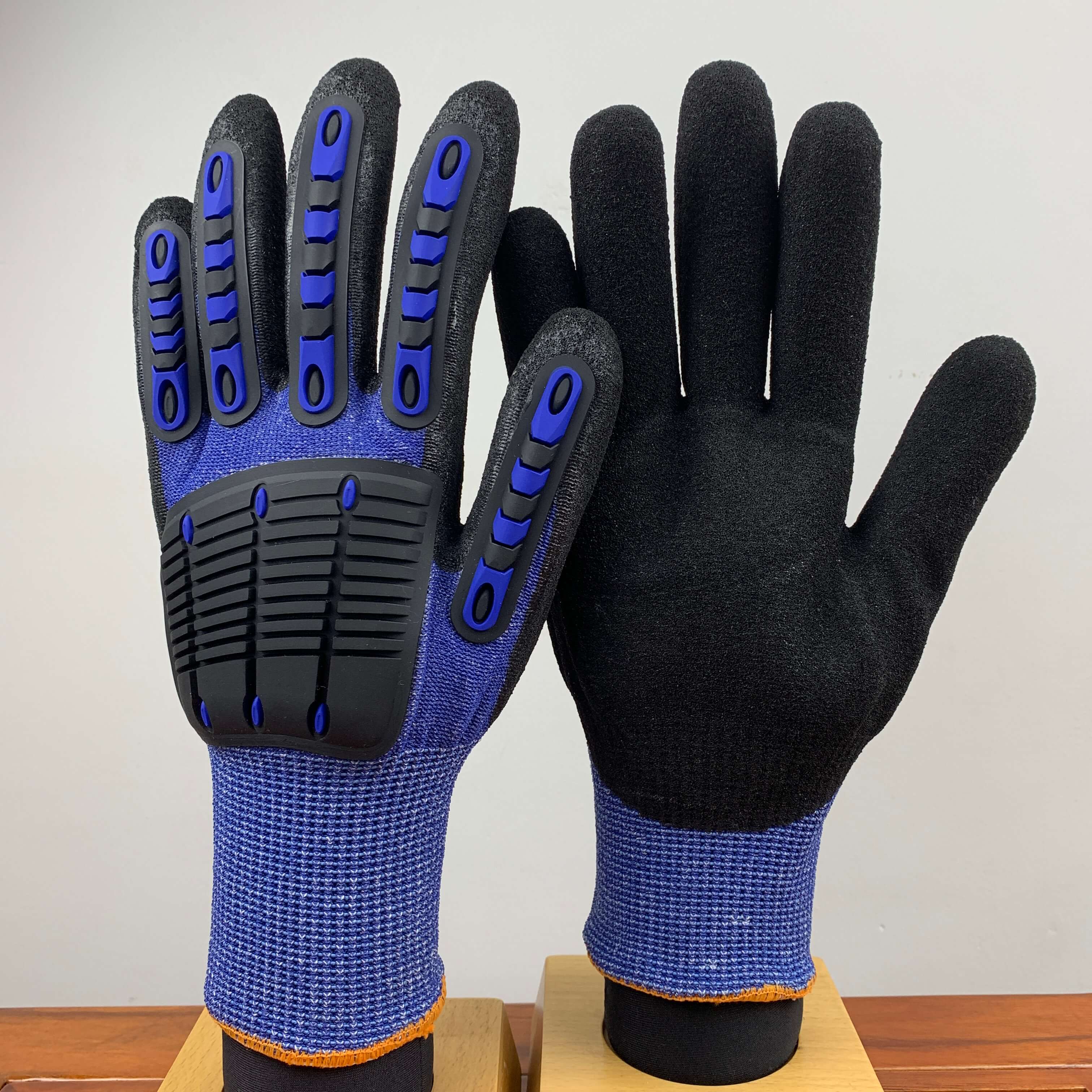 ANSI A5 Anti-Cut 13G Hppe/Steel Knit Sandy Nitrile TPR Cut Resistant Impact Safety Work GlovesTDMDQ408B-blue