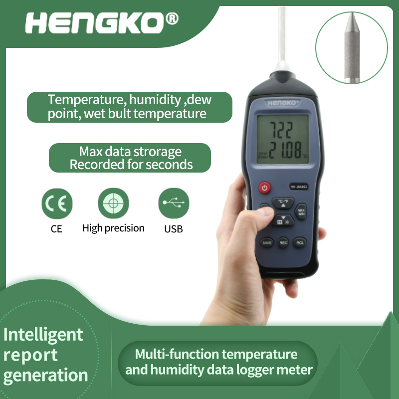 Ръчен влагомер - Цифров влагомер Ръчен влагомер със сертификат за калибриране Цифров влагомер за температура и регистрация HK-J8A102 – HENGKO