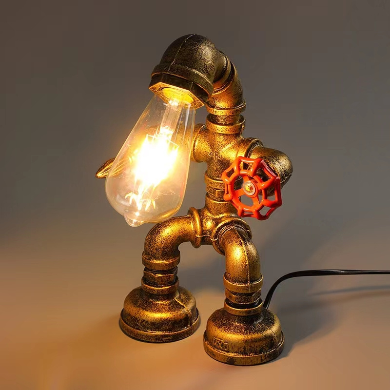 HITECDAD Retro Industrial Steampunk Stol Lampası – Otaq Dekoru üçün Antik Dəmir Robot Metal Boru Stolüstü Lampası