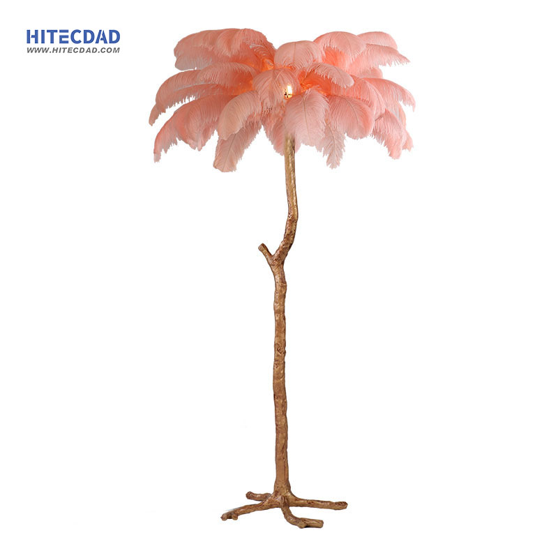 HITECDAD ស្ពាន់ពណ៌ចំរុះពណ៌ Ostrich Feather Floor Light សម្រាប់បន្ទប់គេងបន្ទប់ទទួលភ្ញៀវ