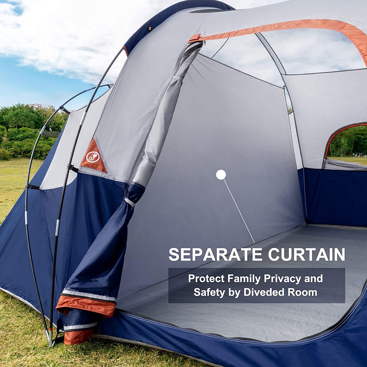 Tent-8-Person-Camping-Tents, Waterproof Windproof Family Tent, 5 Large Mesh Windows, Double Layer, Divided Curtain for Separated Room, Portable with Carry Bag
