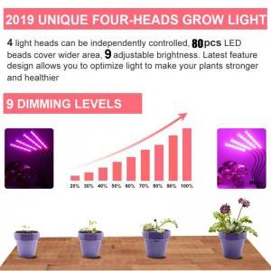 80 W 4 galvutės paskirstymas 80 LED 9 pritemdomų lygių augalų LED auginimo lemputės kambariniams augalams su raudonos mėlynos spalvos spektru, auginimo šviesa