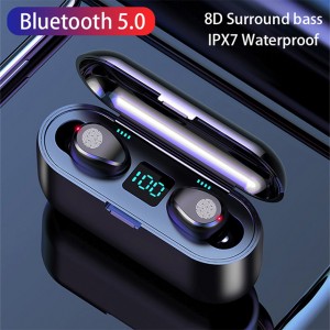 F9 Tws 5.0 True Wireless HIFI Stereo Headset Slúchadlá LCD Digitálne elektrické Množstvo Vodotesné slúchadlá Bluetooth s redukciou hluku