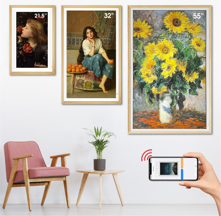 Strona główna galerii sztuki Dostosowany drewniany odtwarzacz reklamowy LCD Cyfrowa ramka na zdjęcia z obsługą telefonu Aplikacja do sterowania chmurą Wyróżniony obraz