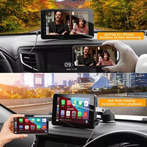 شاشة سيارة محمولة Apple Carplay لاسلكية 7 بوصة، شاشة LCD مرآة وصلة مشغلات فيديو الوسائط المتعددة
