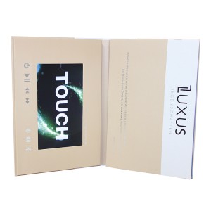 LUXUS A5 staande meerbladige CMYK-drukvideoboekiebrosjure, herlaaibare Lcd-videopos vir kommersiële