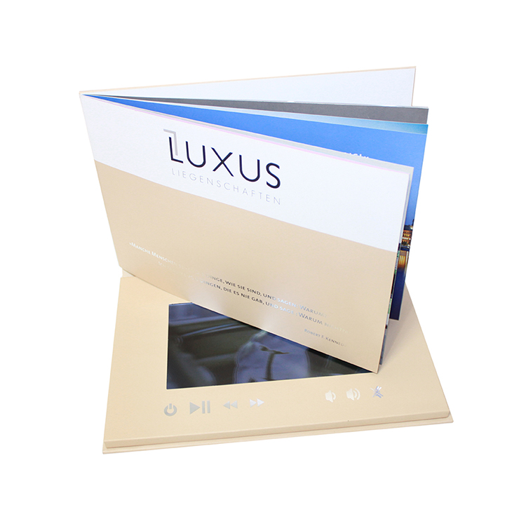 LUXUS A5 د سټینډ ایبل ملټي پیج CMYK د چاپ کولو ویډیو کتابچه بروشر، د ریچارج وړ Lcd ویډیو میلر د سوداګریزو انځور شوي انځور لپاره