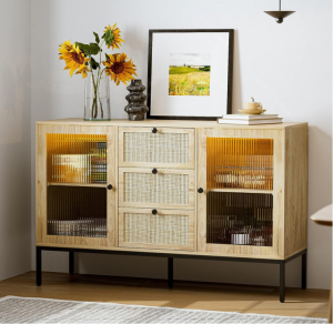 Kitchen Sideboard Buffet Cabinet with 3 Rattan Drawers and 2 Glass Doors