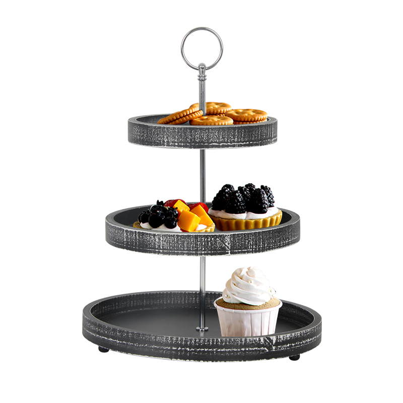 Decorative Wood Trays, Round White Tray Stand w Metal Handle Vintage Decor for Macaron Plate cakes Fructus demerita Fruituum