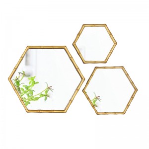 Conjunto de 3 espelhos pendurados para decoração de parede com design de bambu hexagonal dourado