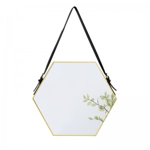 Cermin Dekoratif Gantung Hexagon Modern kanthi Tali Kulit