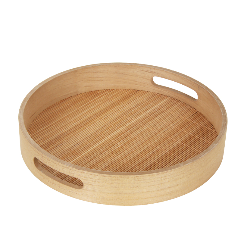 Round Square Solid Wood Bamboo Weave Functional Organiser Serving Tray