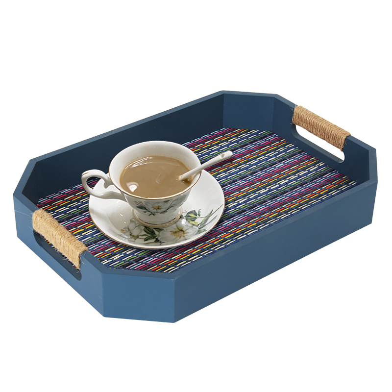 Blue Rectangular Woven Wooden Serving Tray with Handles