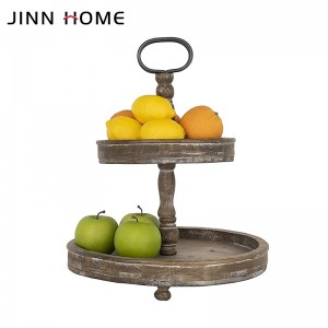 Bandeja de servicio marrón Vintage de 2 niveles para mesa, cocina, decoración de granja con mango decorativo redondo de Metal ajustable