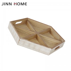 Hexagonal White and Rustic Paulownia Wood Decorative Serving Vanity Display Tray e nang le Cutout Handles