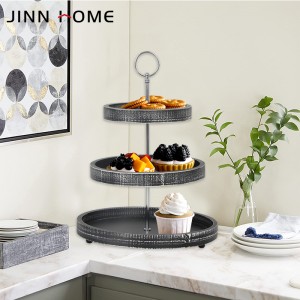 Декоративни дървени подноси, кръгла бяла поставка за подноси с метална дръжка Винтидж декор за Macaron Plate Торти Плодове Десерти Плодове