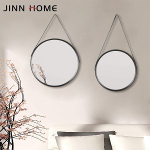 Hanging Round Black Wall Mirror 15 Inch at Adjustable Leather Strap Makeup Vanity Dressing