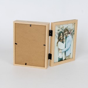 Marcos de fotos 5×7 Caixa de sombra de vetas de madeira MDF con dobre bisagra con soporte frontal de vidro vertical sobre a mesa
