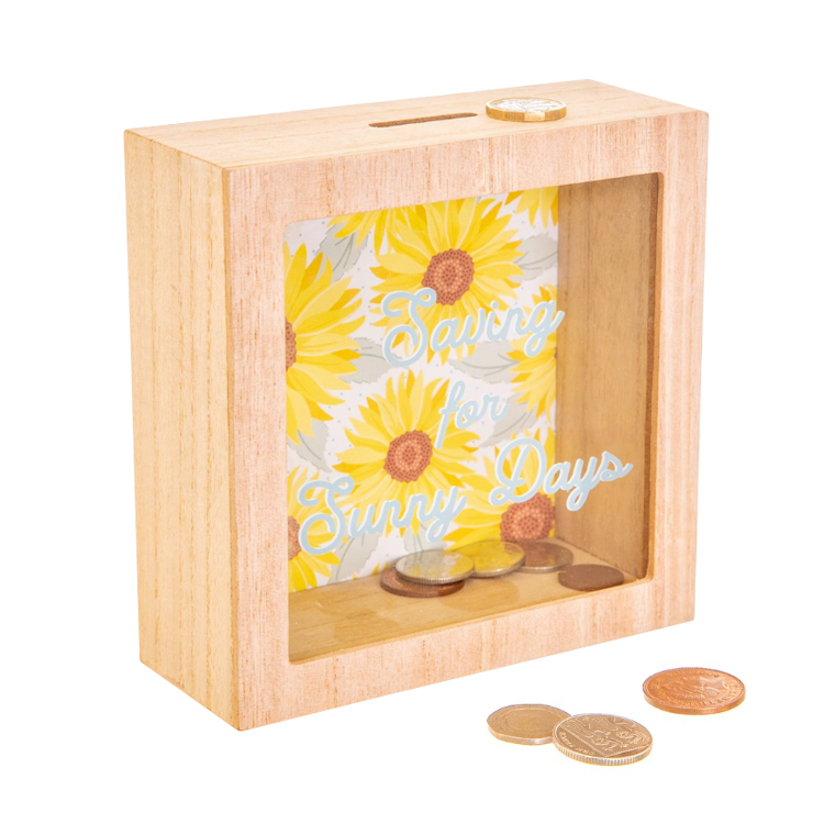 Caja de sombra de vidrio con purpurina de madera lisa, caja de dinero, alcancía, marco de fotos