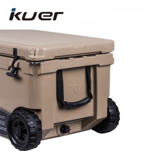 Hard rotomolded cooler box with wheels