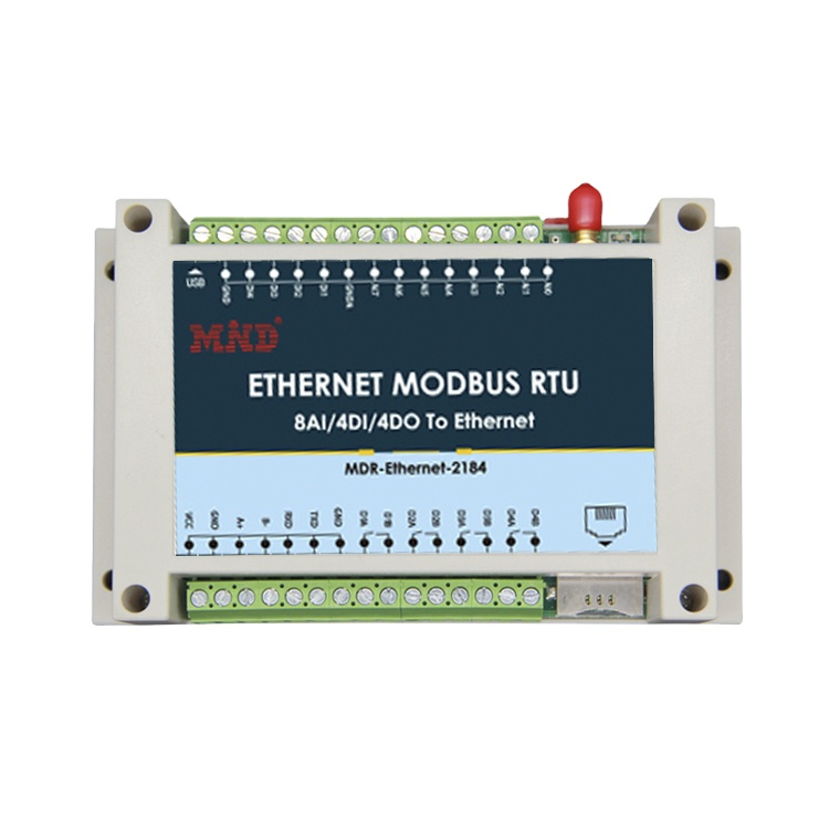 MDR2184 Ethernet RS232/485 Modbus TCP/UDP RTU 8 Ionchur analógach 4 Ionchur digiteach 4 Aschur sealaíochta 16 chainéal Gnóthú modúl I/O