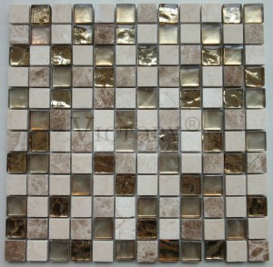 Veľkoobchodné galvanické pokovovanie Zlatá farba sklenená mozaika s mramorovým kameňom mozaikové dlaždice laminované galvanické pokovovanie studeným nástrekom hnedá žltá voda vlnenie obdĺžnikové sklenené mozaiky