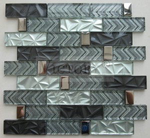 Basketweave Pola Marmer Campuran Kaca Batu Mosaik pikeun Desain Interior Gaya Tengah Ruang Makan Dekoratif Kaca Batu Mosaik
