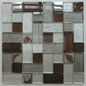Antique Grid Pattern Square Laminated glass Electroplated Glass Mosaic Brown Laminated Glass Mosaic with Rough Wavy Metal glass