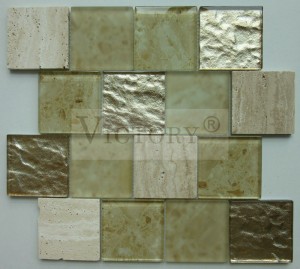 Rajoles de mosaic de vidre de paret interior de menjador d'estil europeu Bon preu Mosaic de pedra mixta de vidre de color daurat per a paret interior