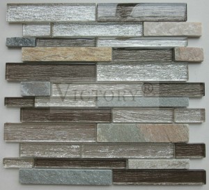 300X300mm Decorative Wall Tile Glass and Stone Marble Mosaic Popular Design Century Mixed Color Glass Strip Pattern Mosaic