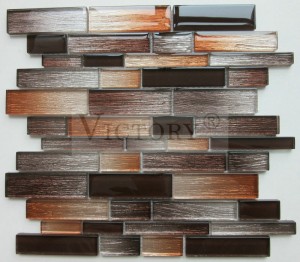 ການອອກແບບແກ້ວ Mosaic ສໍາລັບເຮືອນຄົວ Backsplash Gradient Brown Glass Mosaic Strip Laminated Glass Aluminum Crystal Mosaic Tile